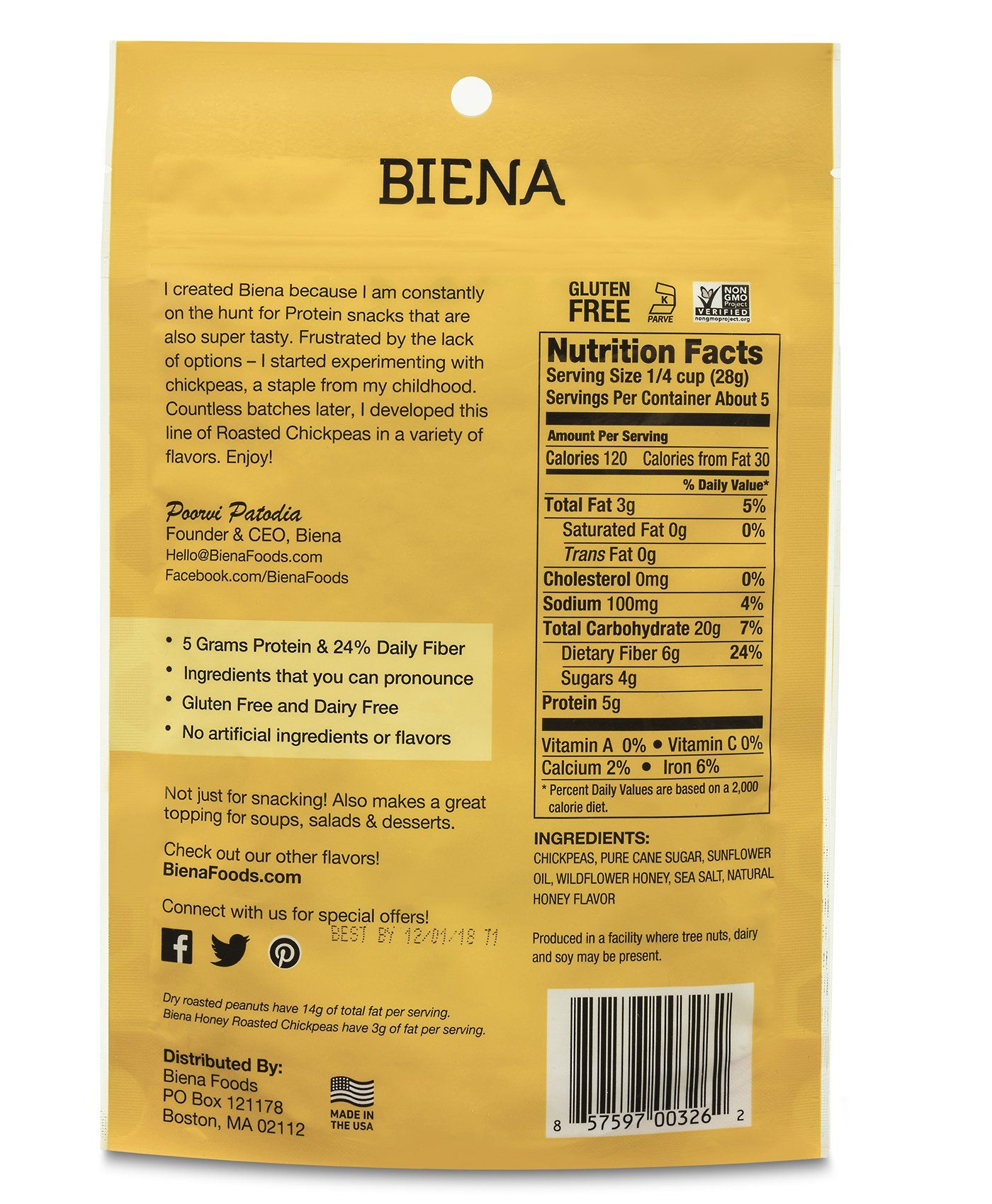 Biena Honey Roasted Chickpeas Nutrition Facts