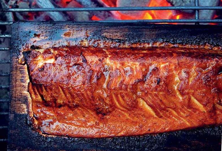 Salmon On Charcoal Grill Wood Plank