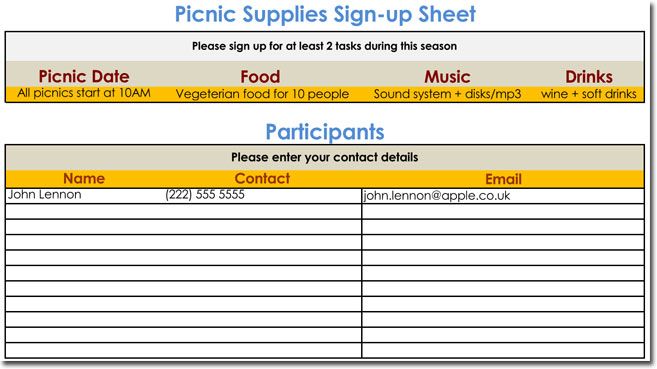 Picnic Food List Template